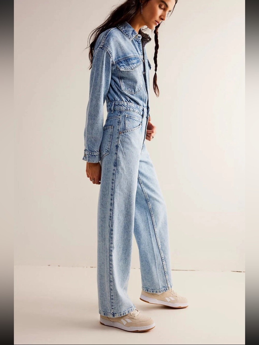 We The Free by Free People Touch the Sky Long Sleeve Denim Jumpsuit size Small